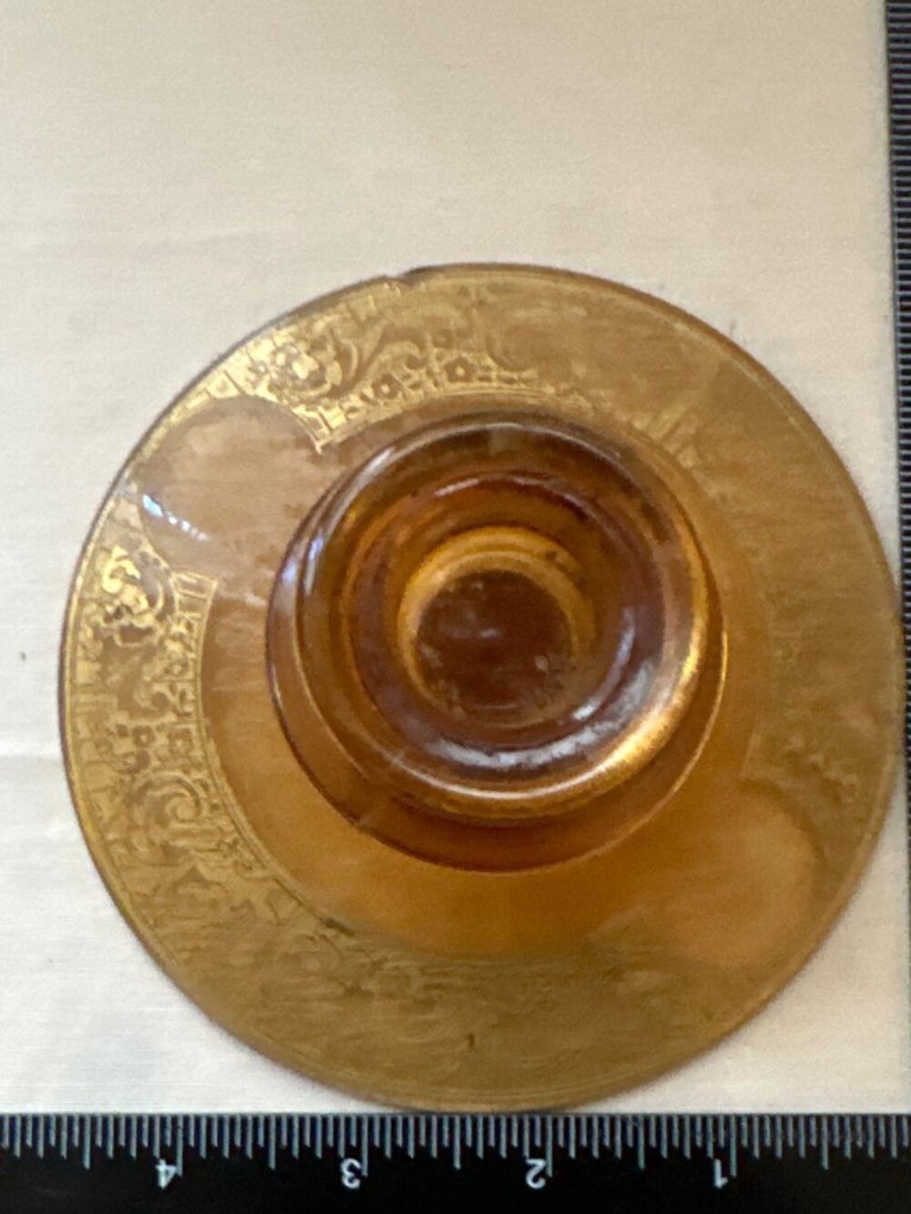 Amber Color Glass Console Bowl Candle Holders Etched Mid Century - Picture 10 of 12